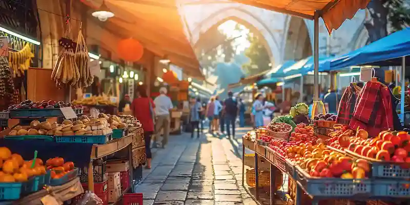 Marché de rue au coucher du soleil avec producteurs locaux